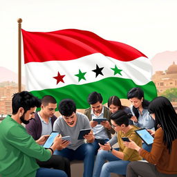 An artistic representation of the Android Hama group, featuring members engaged in collaboration and discussions, with the vibrant Syrian revolution flag as a backdrop, gently waving