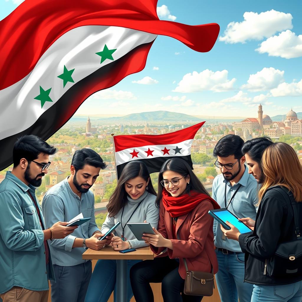 An artistic representation of the Android Hama group, featuring members engaged in collaboration and discussions, with the vibrant Syrian revolution flag as a backdrop, gently waving