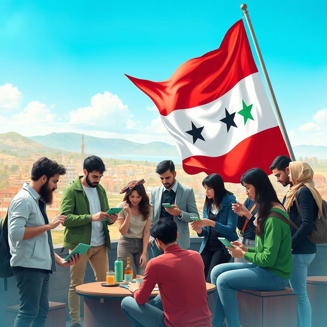 An artistic representation of the Android Hama group, featuring members engaged in collaboration and discussions, with the vibrant Syrian revolution flag as a backdrop, gently waving