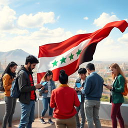 An artistic representation of the Android Hama group, featuring members engaged in collaboration and discussions, with the vibrant Syrian revolution flag as a backdrop, gently waving