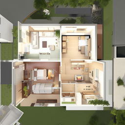 Design an internal floor plan for a 45x45 area house featuring an open-concept living room with visible staircase, a master bedroom, a small guest room, a temple, a kitchen combined with a dining area, and a common washroom.