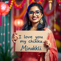 A cute and beautiful Indian office girl named Minakshi, aged 25, dressed in a gorgeous and elegant outfit for an Indian festival