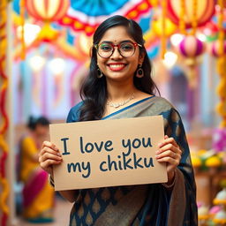 A cute and beautiful Indian office girl named Minakshi, aged 25, dressed in a gorgeous and elegant outfit for an Indian festival