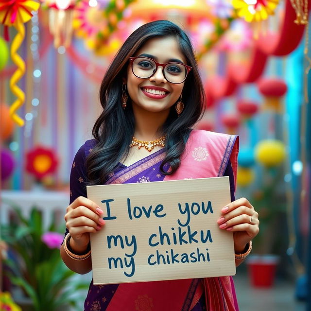 A cute and beautiful Indian office girl named Minakshi, aged 25, dressed in a gorgeous and elegant outfit for an Indian festival