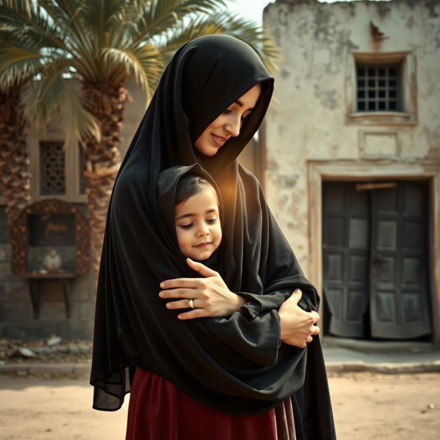 A young girl in a hijab nestled in the embrace of a radiant young lady representing Fatimah, both completely veiled and facing each other