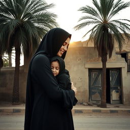 A young girl in a hijab nestled in the embrace of a radiant young lady representing Fatimah, both completely veiled and facing each other