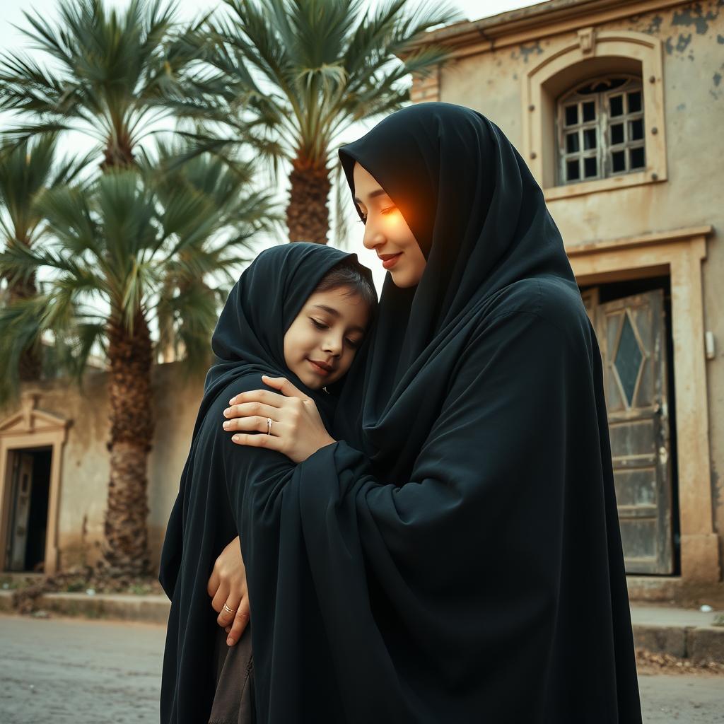 A young girl in a hijab nestled in the embrace of a radiant young lady representing Fatimah, both completely veiled and facing each other