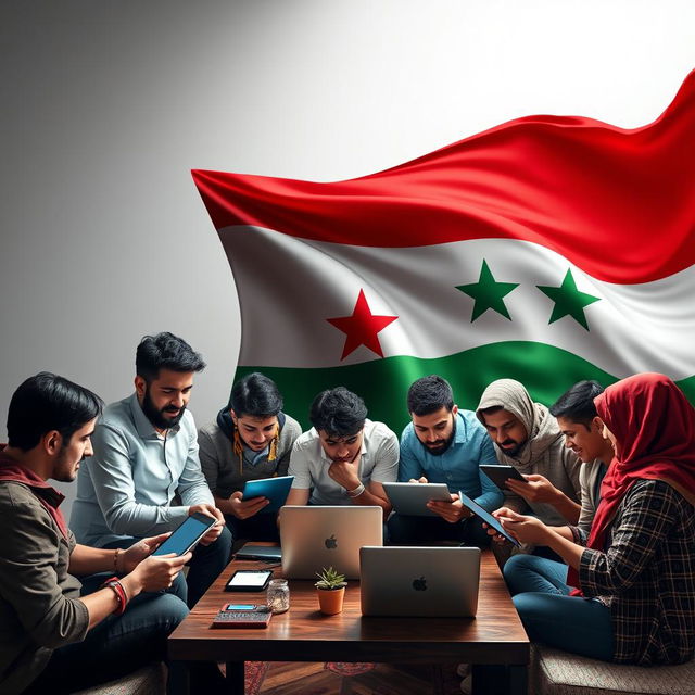 An engaging and dynamic image depicting the Android Hama group, showcasing a diverse group of individuals collaborating around technology, with the Syrian revolution flag prominently integrated into the scene