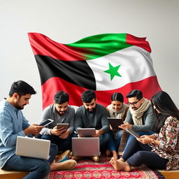 An engaging and dynamic image depicting the Android Hama group, showcasing a diverse group of individuals collaborating around technology, with the Syrian revolution flag prominently integrated into the scene