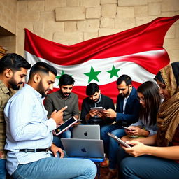 An engaging and dynamic image depicting the Android Hama group, showcasing a diverse group of individuals collaborating around technology, with the Syrian revolution flag prominently integrated into the scene