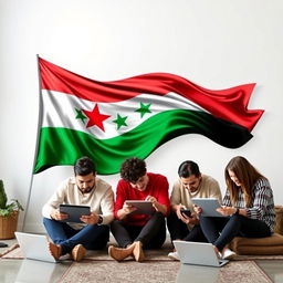 An engaging and dynamic image depicting the Android Hama group, showcasing a diverse group of individuals collaborating around technology, with the Syrian revolution flag prominently integrated into the scene