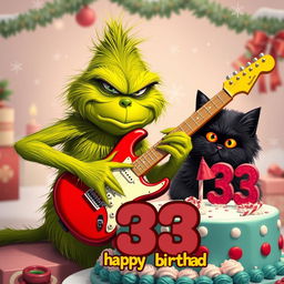 A grumpy Grinch character playing an electric guitar, looking slightly frustrated yet focused
