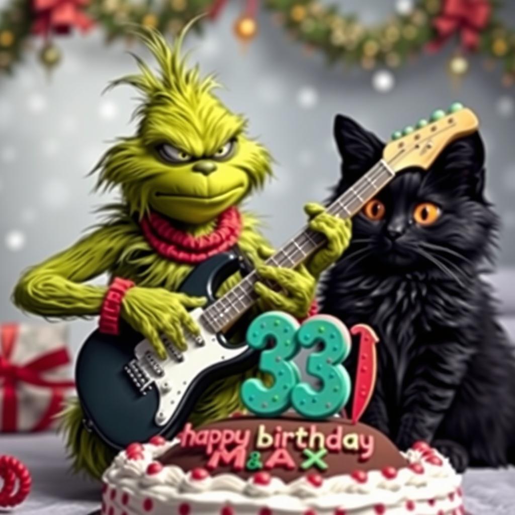 A grumpy Grinch character playing an electric guitar, looking slightly frustrated yet focused