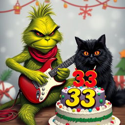 A grumpy Grinch character playing an electric guitar, looking slightly frustrated yet focused
