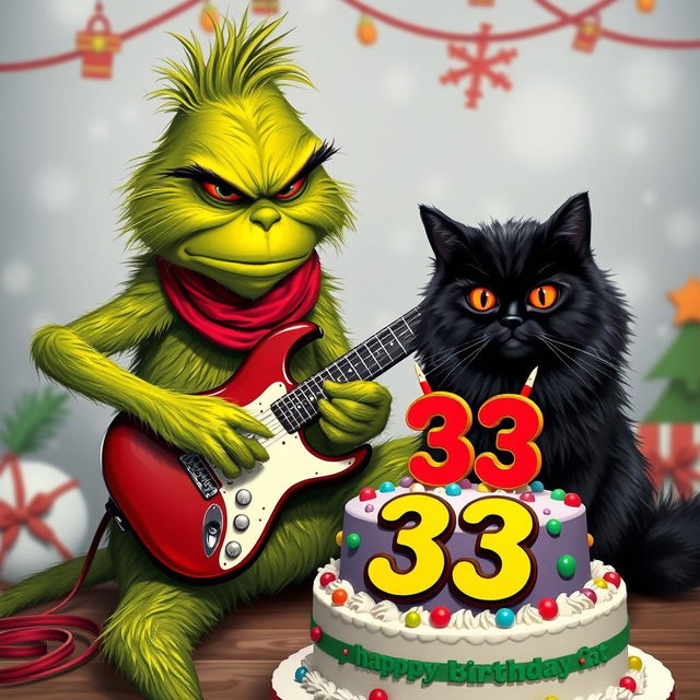 A grumpy Grinch character playing an electric guitar, looking slightly frustrated yet focused