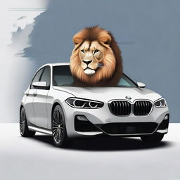 A high-quality digital art piece that presents a majestic lion, exuding an air of authority, sitting behind the wheel of a sleek BMW 1 Series