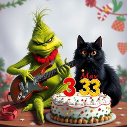 A grumpy Grinch character playing an electric guitar, looking slightly frustrated yet focused