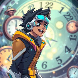 A dynamic and engaging scene featuring a time hero character, named Dash, who is in mid-conversation