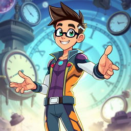 A dynamic and engaging scene featuring a time hero character, named Dash, who is in mid-conversation