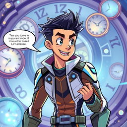 A dynamic and engaging scene featuring a time hero character, named Dash, who is in mid-conversation