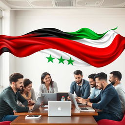 A vibrant and inspiring image of the Android Hama group, featuring a diverse team of individuals engaged in a lively discussion about technology and innovation