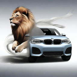 A high-quality digital art piece that presents a majestic lion, exuding an air of authority, sitting behind the wheel of a sleek BMW 1 Series