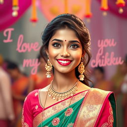 A cute and beautiful Indian office girl named Minakshi, aged 25, dressed in a gorgeous and elegant outfit perfect for an Indian festival