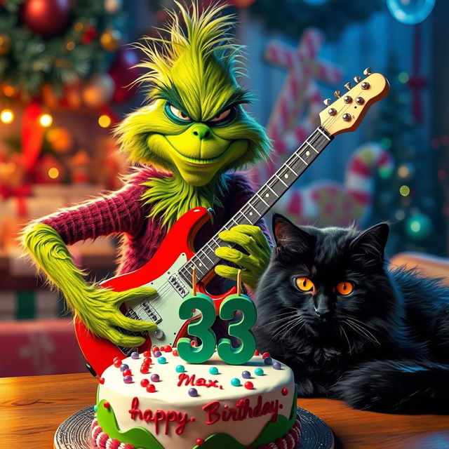 A grumpy Grinch character energetically playing an electric guitar, wearing a scowl yet exuding a fun vibe