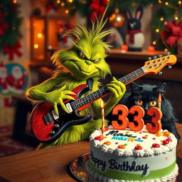 A grumpy Grinch character energetically playing an electric guitar, wearing a scowl yet exuding a fun vibe