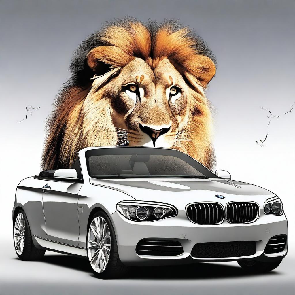 A high-quality digital art piece that presents a majestic lion, exuding an air of authority, sitting behind the wheel of a sleek BMW 1 Series