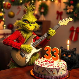 A grumpy Grinch character energetically playing an electric guitar, wearing a scowl yet exuding a fun vibe