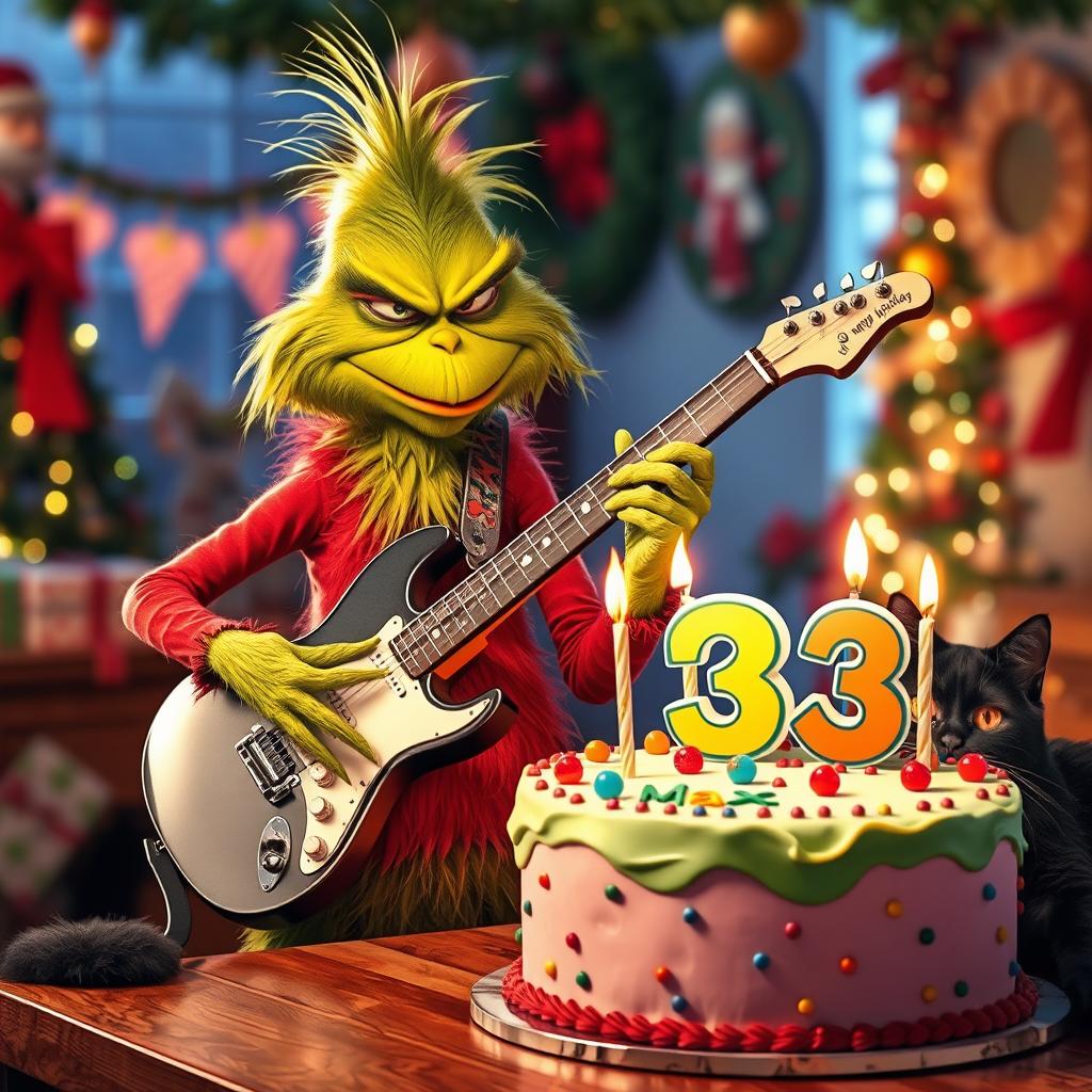A grumpy Grinch character energetically playing an electric guitar, wearing a scowl yet exuding a fun vibe
