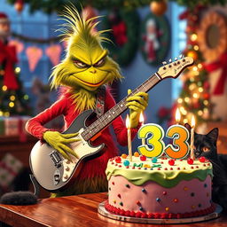 A grumpy Grinch character energetically playing an electric guitar, wearing a scowl yet exuding a fun vibe