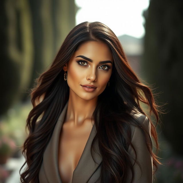 A portrait of a beautiful woman resembling Nazanin Bayati, with striking features and long, flowing dark hair