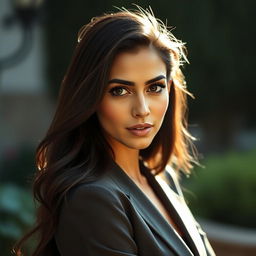 A portrait of a beautiful woman resembling Nazanin Bayati, with striking features and long, flowing dark hair