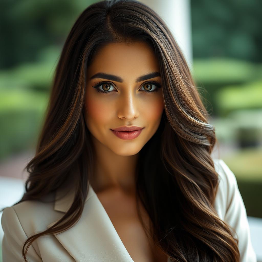 A portrait of a beautiful woman resembling Nazanin Bayati, with striking features and long, flowing dark hair