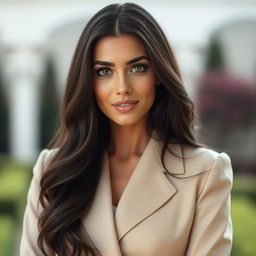 A portrait of a beautiful woman resembling Nazanin Bayati, with striking features and long, flowing dark hair