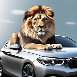 A high-quality digital art piece that presents a majestic lion, exuding an air of authority, sitting behind the wheel of a sleek BMW 1 Series