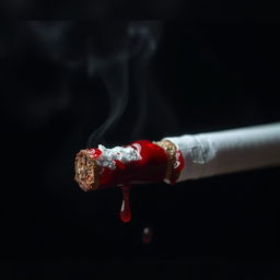 A close-up of a cigarette partially burnt, with fresh blood dripping from the tip, creating a striking contrast between the white ash and the deep red liquid