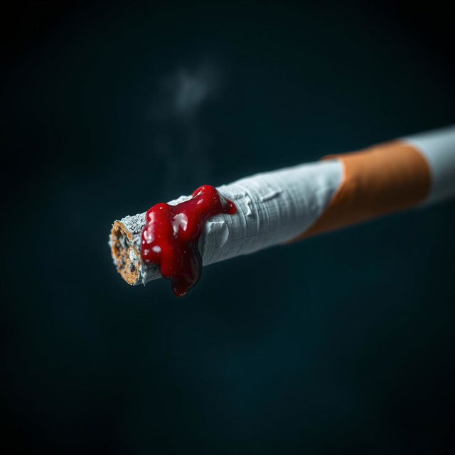 A close-up of a cigarette partially burnt, with fresh blood dripping from the tip, creating a striking contrast between the white ash and the deep red liquid