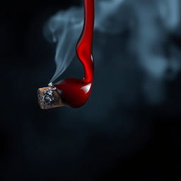 A close-up of a cigarette partially burnt, with fresh blood dripping from the tip, creating a striking contrast between the white ash and the deep red liquid