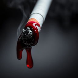A close-up of a cigarette partially burnt, with fresh blood dripping from the tip, creating a striking contrast between the white ash and the deep red liquid