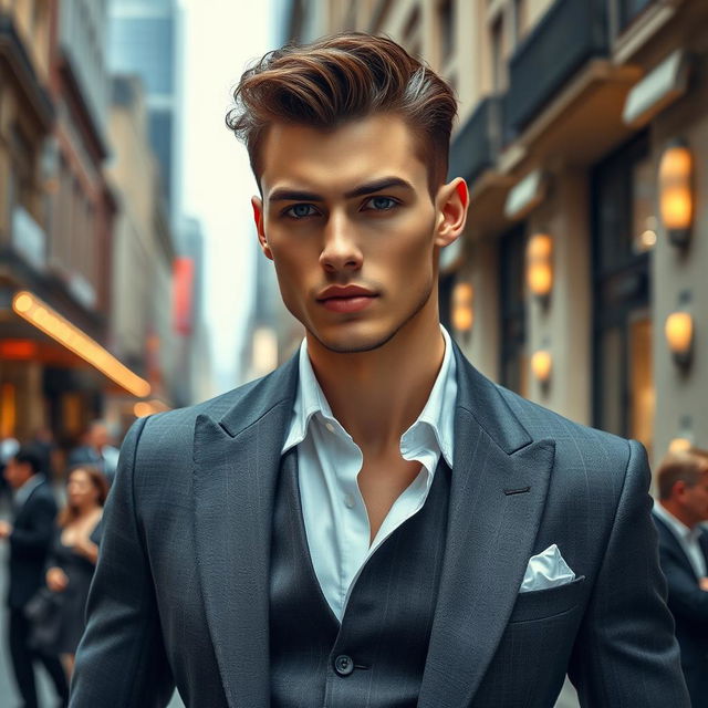 A stylish male model posing in a high-end fashion magazine setting