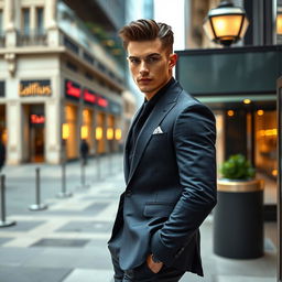 A stylish male model posing in a high-end fashion magazine setting