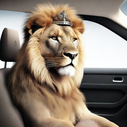 A digital art image of superior quality, featuring a regal lion at the helm of a Seat Leon