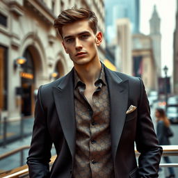 A stylish male model posing in a high-end fashion magazine setting