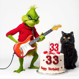 A grumpy Grinch character intensely playing an electric guitar, displaying a comical scowl