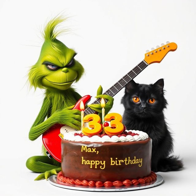 A grumpy Grinch character intensely playing an electric guitar, displaying a comical scowl