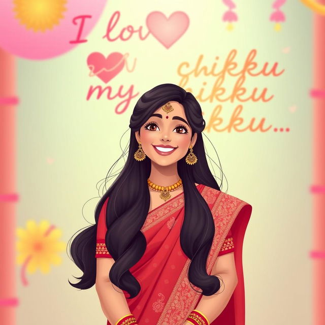 A cute and beautiful Indian office girl named Minakshi, aged 25, dressed in a gorgeous outfit for an Indian festival, radiates happiness with her bright smile