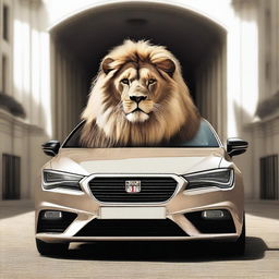 A digital art image of superior quality, featuring a regal lion at the helm of a Seat Leon